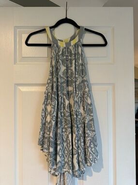 Free People Blue and White Patterned Halter Mini Dress with Yellow Trim